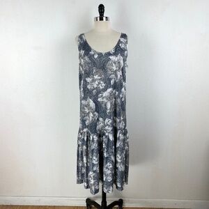 Vintage 80s Women Dress Size 14 Pleated Drop Waist Floral Slinky Knit Sleeveless